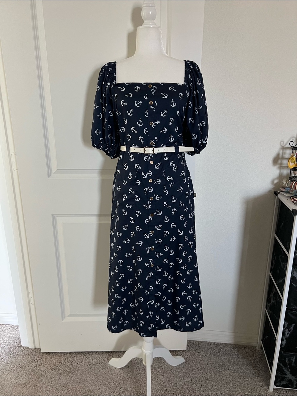 EUC SHEIN Navy Anchor Print Square Neck Dress Medium 6/8